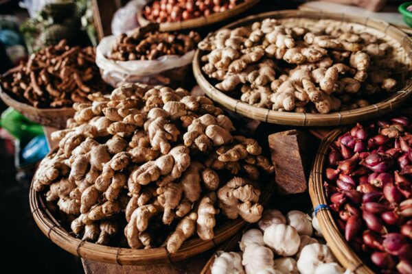 ginger root and herbs at asian steet market